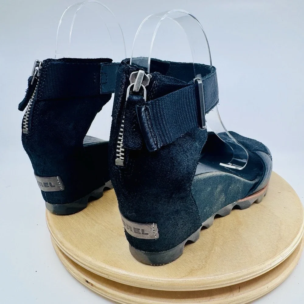 Sorel Joanie II Wedge Sandals Womens 8.5 Black Ankle Strap Zipper Shoes